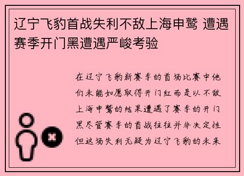 辽宁飞豹首战失利不敌上海申鹫 遭遇赛季开门黑遭遇严峻考验