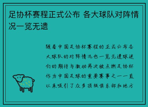 足协杯赛程正式公布 各大球队对阵情况一览无遗