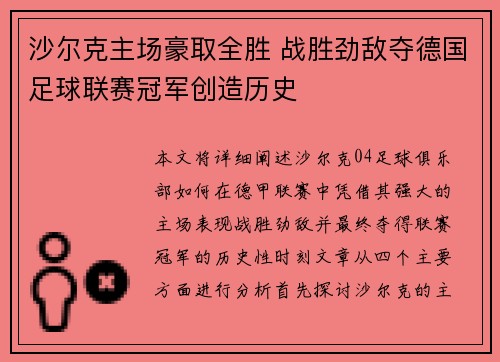 沙尔克主场豪取全胜 战胜劲敌夺德国足球联赛冠军创造历史